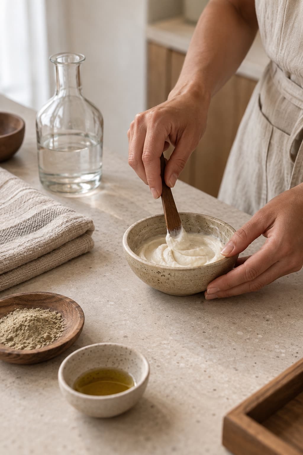 Preparazione manuale di una crema in una ciotola di ceramica